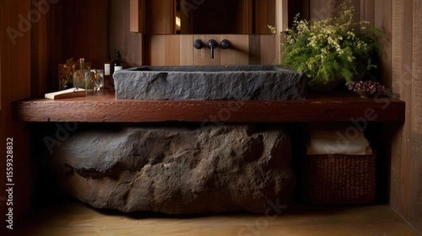 Obraz A captivating interior design showcase featuring a unique stone sink, a wooden vanity, and a touch of greenery, blending natural elements with modern elegance.