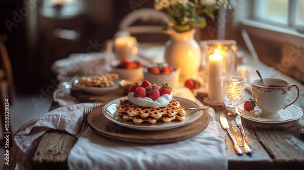 Fototapeta A rustic table setting with warm lighting features homemade waffles, fresh strawberries, and creamy yogurt--a romantic and comforting treat. 