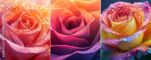 Fototapeta Rainbow Rose Trio: A captivating array of vibrant rose blossoms, each petal adorned with glistening dewdrops, showcasing a spectrum of colors that evoke emotions of love, beauty.
