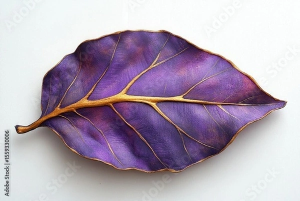 Fototapeta A purple leaf with striking gold veins, set against a bright white background, showcasing its intricate details.