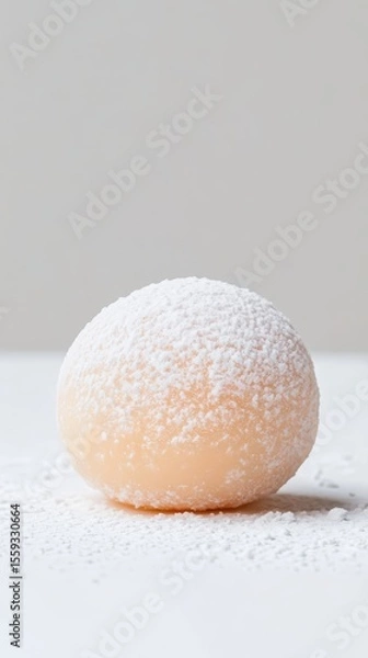 Fototapeta A single round dessert ball dusted with powdered sugar on a white surface against a neutral background.