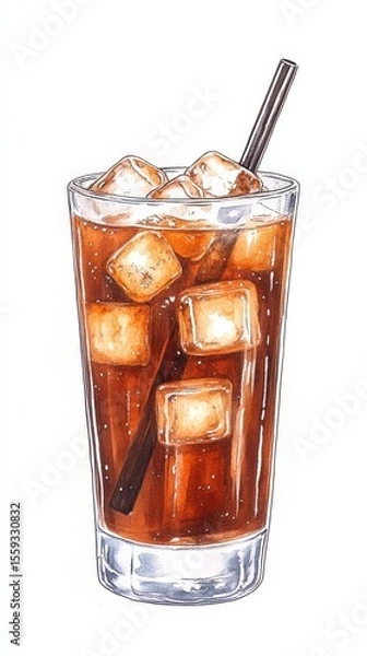 Fototapeta A tall glass filled with iced coffee and ice cubes, featuring a black straw, illustrated with a clean, detailed style on a white background.