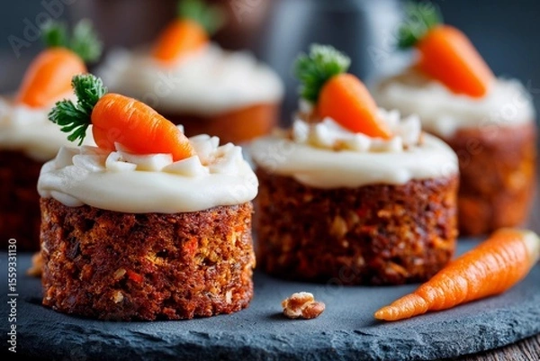 Fototapeta Carrot cake cupcakes are arranged on a dark stone surface, topped with cream cheese frosting and garnished with small carrots and green leaves. Their rich texture and vibrant color invite tasting