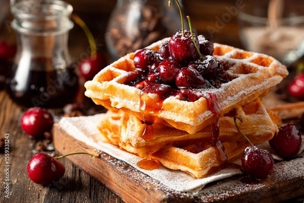 Fototapeta Golden brown waffles are stacked high on a wooden board, adorned with fresh cherries and drizzled with sweet syrup, creating a tempting breakfast treat