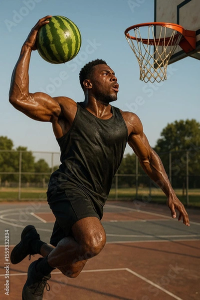 Obraz A muscular athlete leaps toward a basketball hoop, preparing to dunk a large watermelon instead of a ball