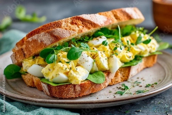 Fototapeta A hearty sandwich filled with creamy egg salad and fresh leafy greens rests on a rustic plate, showcasing an appetizing blend of flavors and textures