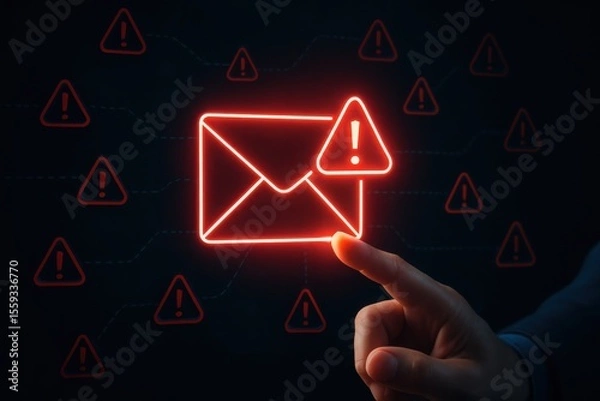 Fototapeta Finger touching a glowing red envelope icon with a warning symbol indicating a potential email security threat or alert