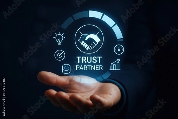 Fototapeta Hand holding a glowing digital interface displaying trust partner concept with icons for growth and success