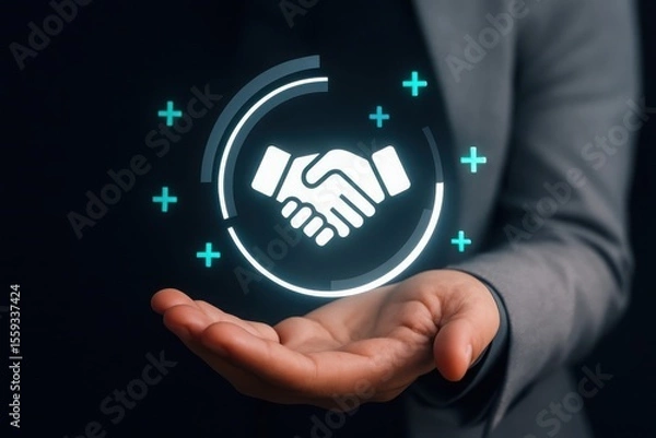 Fototapeta Businesswoman holding a glowing handshake icon symbolizing partnership and successful collaboration in a modern digital interface