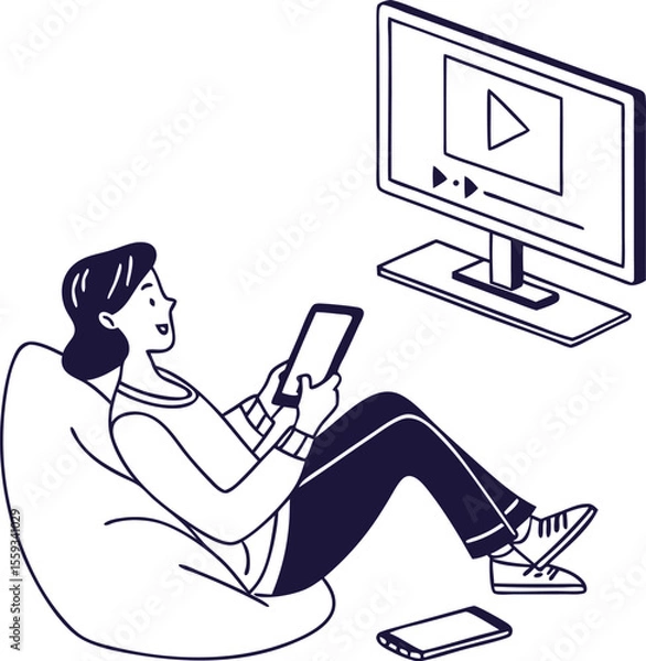 Fototapeta Flat Vector Illustration of a Person Streaming Content on Multiple Devices (TV, Tablet, Smartphone)

