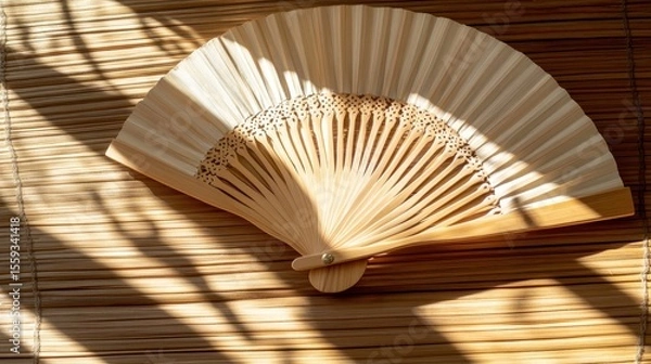 Fototapeta Elegant Bamboo Fan Displaying Shadows on Natural Surface