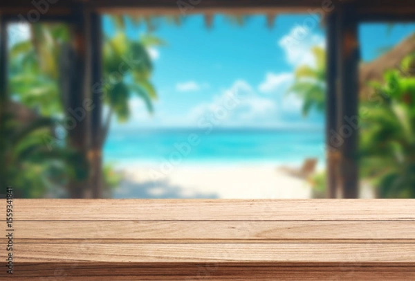 Obraz Light wooden tabletop with blurred tropical beach background. Ideal for summer mockups or travel design.