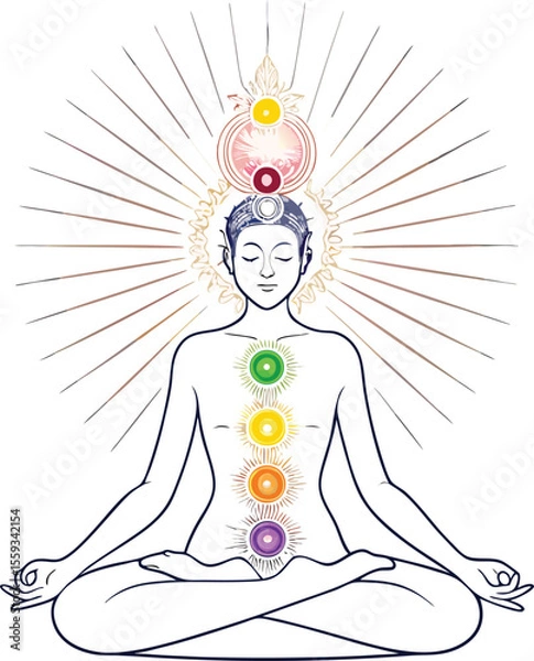 Fototapeta Line Art of Meditating Silhouette with Glowing Chakras in Vector Style Illustrator Artwork