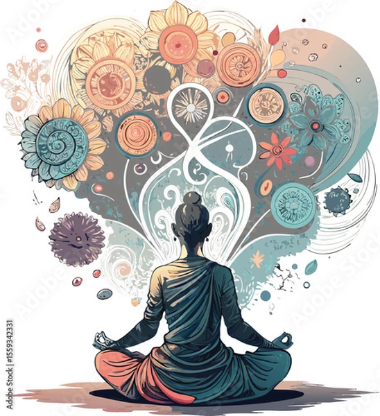 Fototapeta Clean Vector Illustration of Meditating Person with Abstract Thought Bubbles


