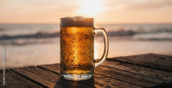Fototapeta A golden beer glass on a rustic wooden table, sunset glow, visible bubbles, soft waves in the background