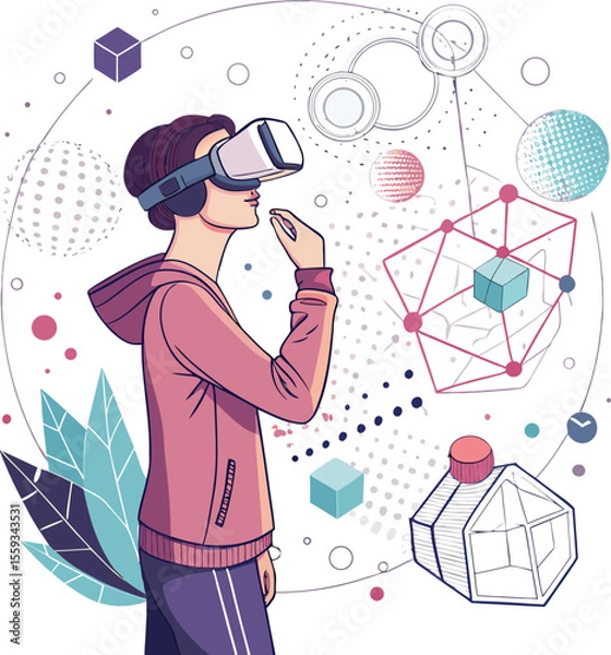 Fototapeta Simple and Elegant Vector Illustration of a Person Using a Virtual Reality Headset in a Digital Environment

