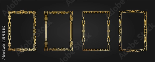 Fototapeta Golden vector frame template a4 paper. Set of golden frames with abstract geometric pattern, ornament. Isolated border for decor, printing, advertising, polygraphy, flyer, certificate, award, diploma.