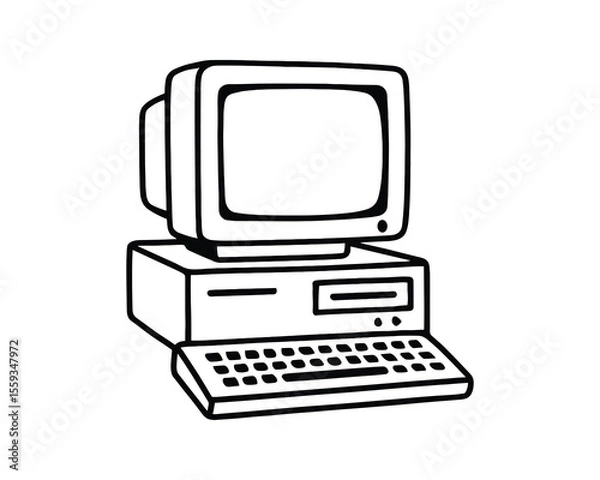 Fototapeta Vintage Computer Illustration: A Detailed Black and White Line Art Depiction of a PC