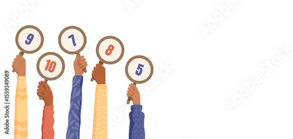 Obraz Hands hold cartoon rating signs with numbers. Feedback and evaluation are shown in a creative way. Modern review concept for customer surveys and opinion on performance, grade, satisfaction.