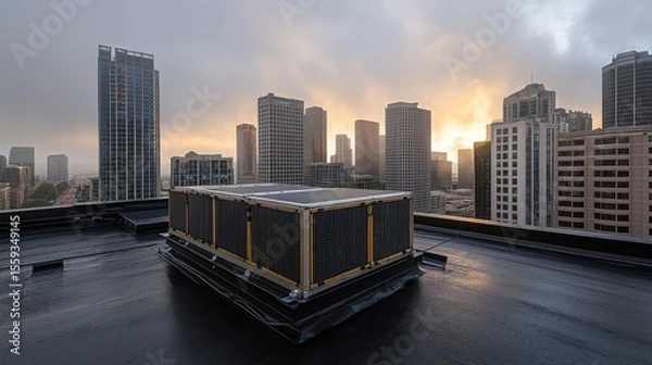Obraz Rooftop Air Conditioning Unit Overlooking Urban Cityscape at Sunset