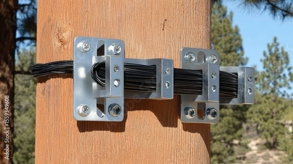 Obraz Secure Cable Management System on Wooden Post with Metal Brackets