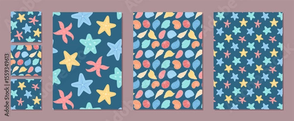 Obraz Underwater marine seamless pattern set with vibrant cartoon starfish and seashells. Ocean background highlights sea and shell motifs. Ideal for summer designs, marine projects, coastal decorations.