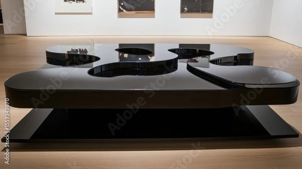 Obraz Sleek Modern Black Coffee Table in Contemporary Art Gallery Setting