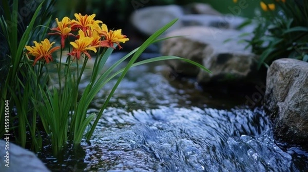 Fototapeta Vibrant Yellow Flowers Near Sparkling Stream in Natural Setting