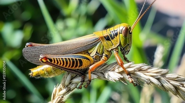 Fototapeta Vibrant Yellow Grasshopper Resting on Natural Twine in Green Surroundings
