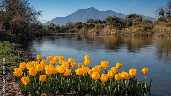 Fototapeta Vibrant Yellow Tulips by Calm River with Mountains in Background