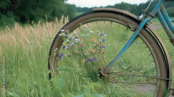 Fototapeta Vintage Bicycle with Wildflowers in Tranquil Green Field Setting
