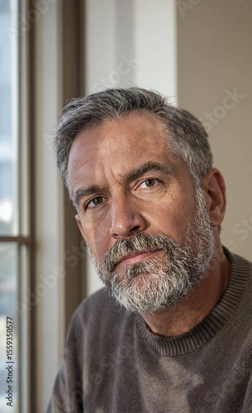 Obraz Portrait of mature man with gray beard sitting by window with soft natural indoor light