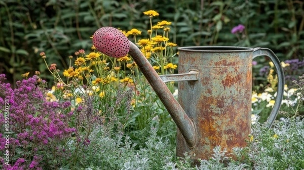 Fototapeta Vintage Watering Can Surrounded by Colorful Flowers in Garden