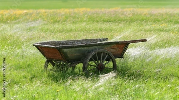 Fototapeta Vintage wooden wheelbarrow on green grass field in soft breeze