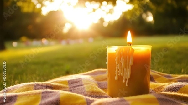 Fototapeta Warm Candle Glow in a Sunlit Outdoor Setting with Soft Grass