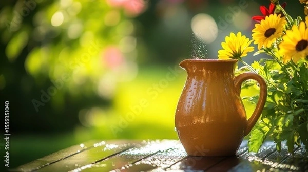Fototapeta Warm Summer Morning with Rustic Jug and Colorful Flower Arrangement