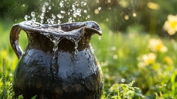 Fototapeta Water Splashing from Clay Jug in Sunlit Garden Setting