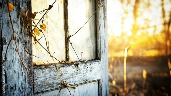 Fototapeta Weathered Door Frame Surrounded by Nature at Golden Hour