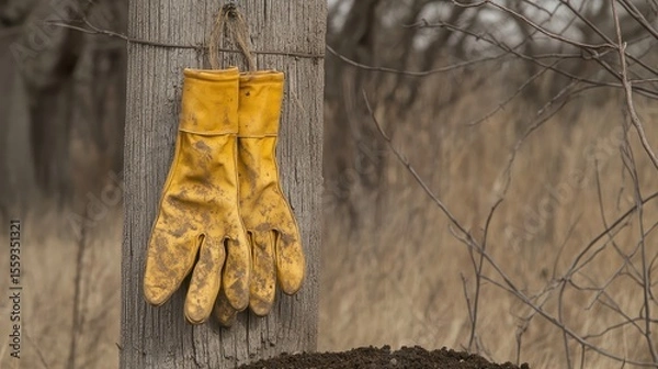 Fototapeta Weathered Yellow Gloves Hanging on a Wooden Post in a Field