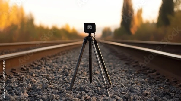 Obraz Tripod on Railroad Tracks Surrounded by Nature at Sunset