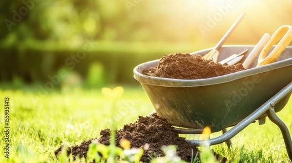Fototapeta Wheelbarrow with Fresh Soil and Gardening Tools in Glowing Sunset Light