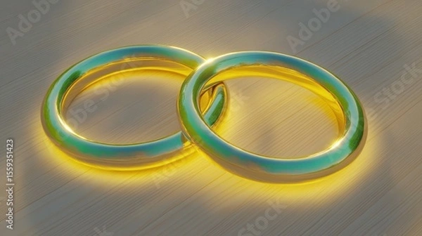 Obraz Two Intertwined Gold Wedding Rings on Wooden Surface with Glow