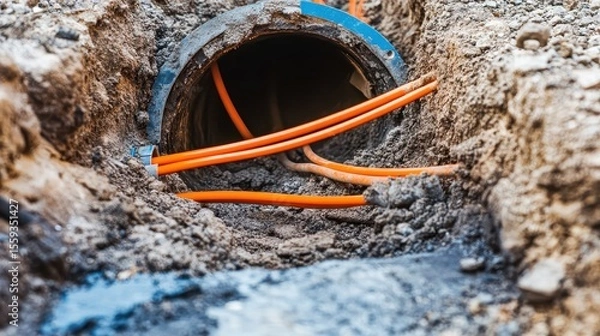 Obraz Underground conduit with orange cables in construction site trench