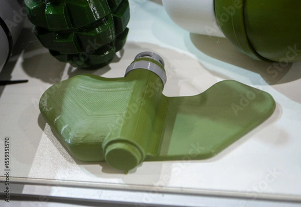 Fototapeta Mina Petal printed on 3D printer. Anti-personnel explosive mine created on 3D printer from molten plastic. Prototype of ammunition printed on 3D printer. Innovation modern new 3d printing technology