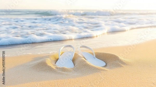Fototapeta White Flip-Flops Half-Buried in Golden Sand by Tranquil Ocean Waves