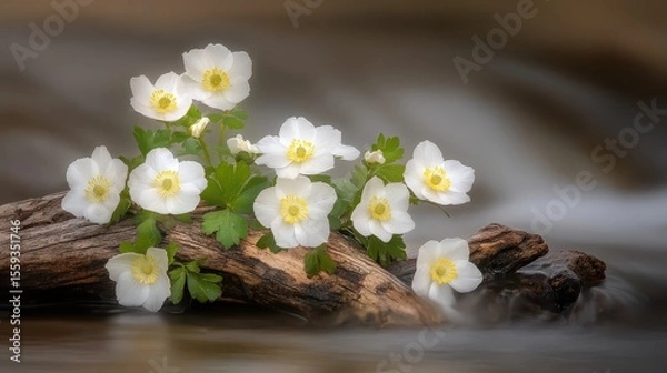 Fototapeta White Flowers Blooming on Log in Gently Flowing River Stream