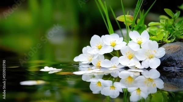 Fototapeta White Flowers on Water Surface with Clear Reflection in Nature