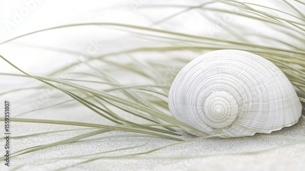 Fototapeta White Shell on Sandy Beach with Green Grass in Soft Light