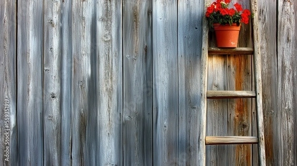 Fototapeta Wooden Ladder Against Rustic Wall with Flower Pot and Red Blooms