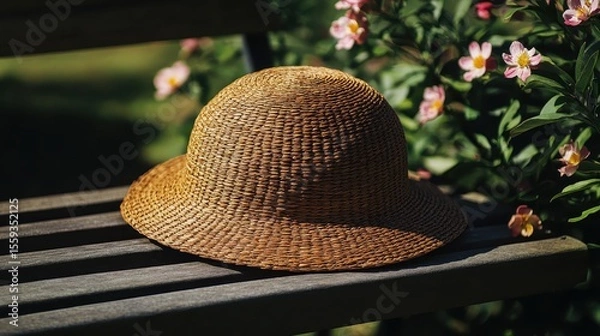 Fototapeta Woven Straw Hat Resting on Wooden Bench Surrounded by Flowers